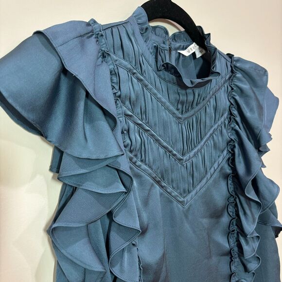 Veronica Beard Mandell Blue Ruffle Satin Top Sz 2 Romantic Victorian Gothic - Picture 4 of 13